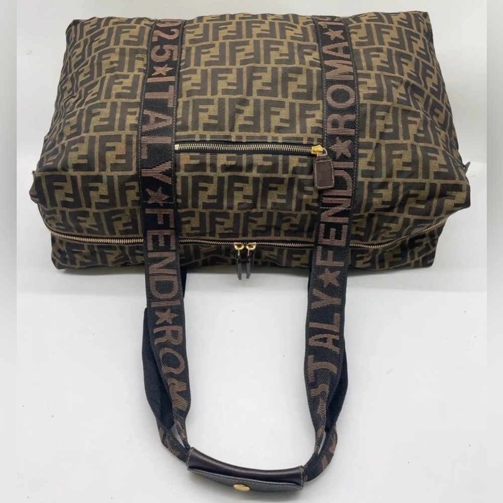 Fendi Zucca Duffel Bag Brown Canvas Leather Trim Travel Boston - Picture 3 of 11